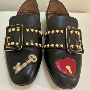 Bally Black Loafers with Gold Heart and Key Details